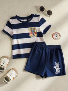 LOONEY TUNES X SHEIN Toddler Boys' Cartoon Print Short Sleeve Top And Shorts Set - Beige - View 2
