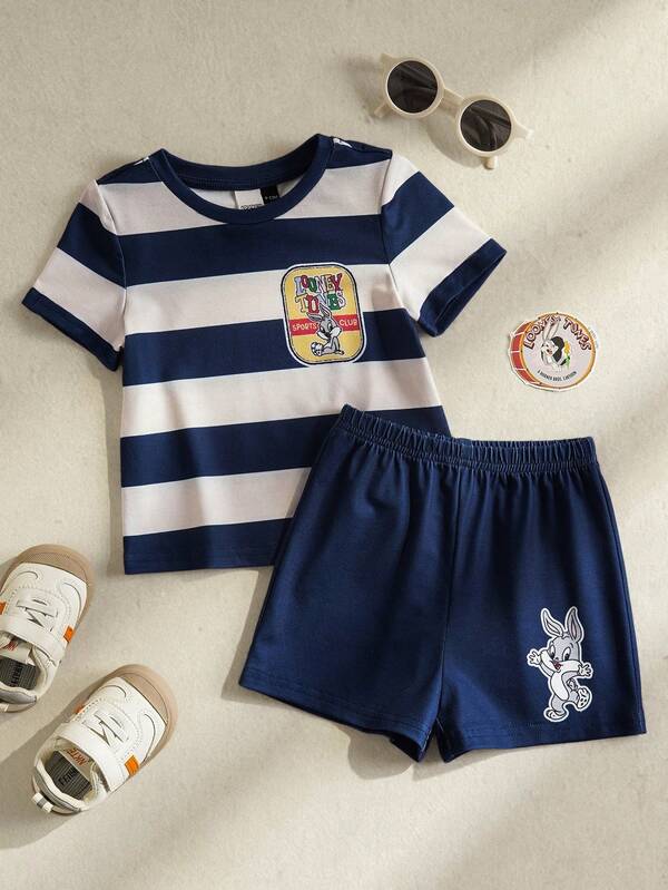 LOONEY TUNES X SHEIN Toddler Boys' Cartoon Print Short Sleeve Top And Shorts Set