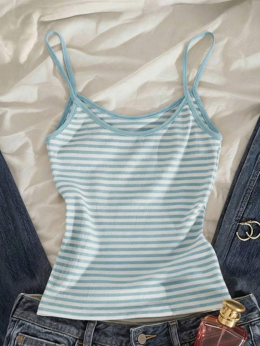 Glimmora Striped Minimalist Women's Camisole, Gift For Friends - Blue and White - View 1