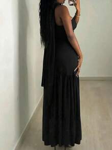 INAWLY Women's Elegant Solid Color Split Hem Dress, Summer - Black - View 2