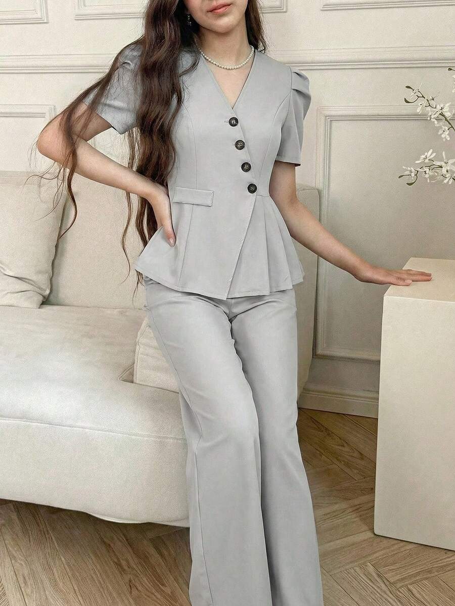 Elladie kids Teen Girl Solid Color Regular Shoulder Puff Sleeve Ruffle Hem Elegant Summer T-Shirt Set - Light Grey - View 1