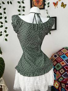 Vibekara Plus Size Women Casual Vacation Green Ditsy Floral Short Sleeve Shirt - Multicolor - View 2