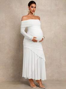 MaterniChic Maternity Solid Color Casual Off-Shoulder Dress - White - View 5