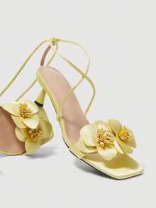 SheIn MOD Summer Yellow Sardine Flower Square Toe Thin Heel Elegant Fairy Style Roman Ladies High Heel Sandals - Light yellow - View 2