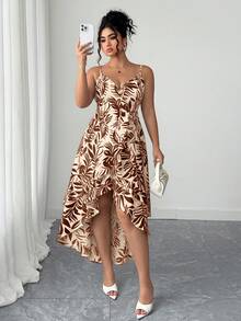 Elenzga Plus Size Women's Elegant Shirred Sleeveless Printed Asymmetric Hem Dress, Spring/Summer - Coffee Brown - View 1