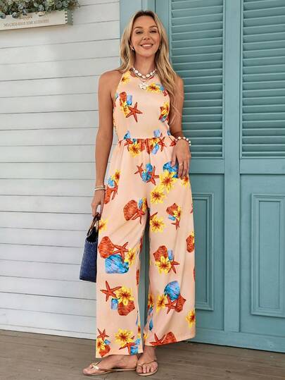 Louniche Women's Spring Summer Bohemian Style Light Apricot Base Ocean Creature Color Block Print Halter Neck Sleeveless Cinched Waist Wide-Leg Jumpsuit, Perfect For Beach Getaways, Manor Picnics