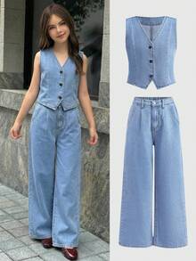 SHEIN 两件套少女时尚休闲Y2K复古酷炫街头蓝色牛仔外套和宽松牛仔裤，两件套，适合少女日常穿着，也适合春夏派对、节日和街头服饰，2026春夏新款时尚 - 藍色 - 查看 1