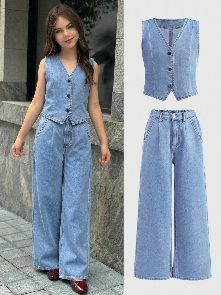 SHEIN 两件套少女时尚休闲Y2K复古酷炫街头蓝色牛仔外套和宽松牛仔裤，两件套，适合少女日常穿着，也适合春夏派对、节日和街头服饰，2026春夏新款时尚 - 藍色 - 查看 1