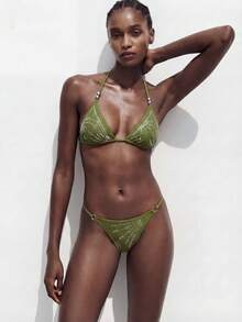 Maija Women's Halter Neck Spaghetti Strap Triangle Bikini Set,Glitter Sequin Textured 2 Pieces Bathing Suit,Olive Green Summer Casual Beach Vacation Holiday - Army Green - View 6