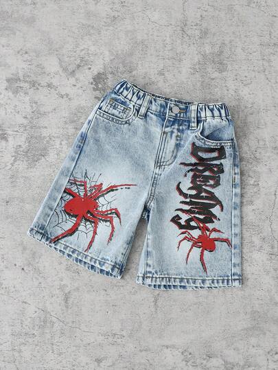 SHEIN 男童街头酷炫做旧水洗宽松深灰色牛仔工装短裤，多口袋设计，适合儿童街头服饰搭配