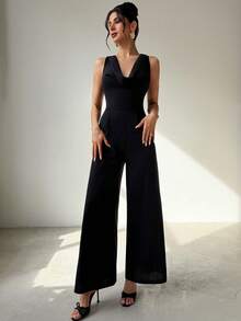 Firerie Damen eleganter minimalistischer Casual Pendler Alltags-Look, Leinen farbiges Jumpsuit mit drapiertem Kragen und weitem, geradem Bein, geeignet für Lehrer, Urlaub - Schwarz - Übersicht 4