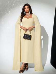 Viva Relle Plus Size Elegant Waist Cinching Split Sleeve Dress, Autumn - Light Yellow - View 1