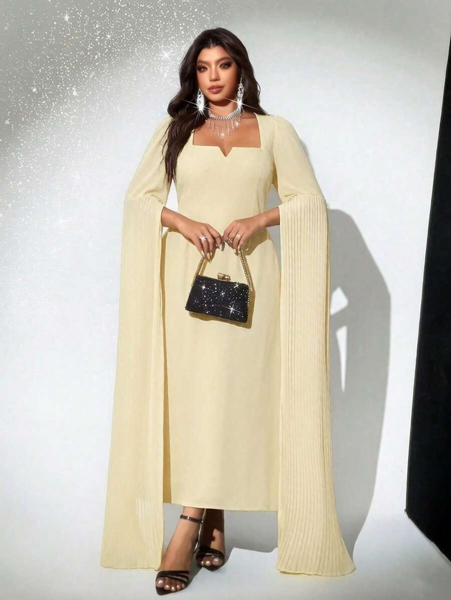 Viva Relle Plus Size Elegant Waist Cinching Split Sleeve Dress, Autumn - Light Yellow - View 1