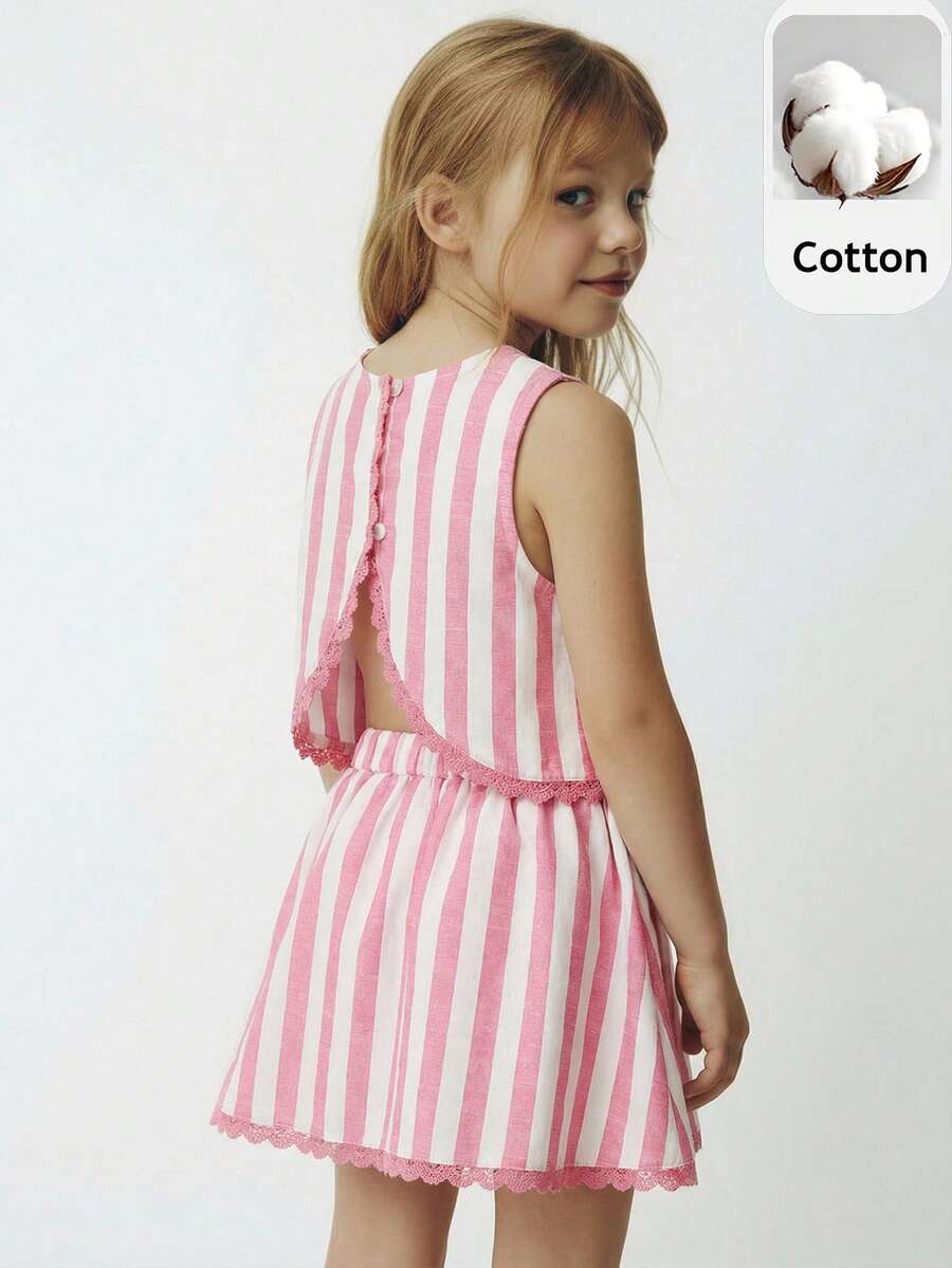 Maija Kids 两件套少女优雅都市校服风格粉色条纹荷叶边圆领背心和短裤套装，适合返校、日常休闲穿着、外出、聚会、假期、春夏穿着。 - 彩色 - 查看 1