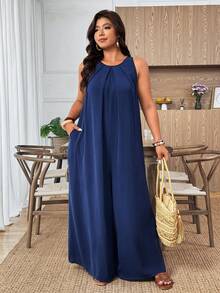Weeklong Plus Size Casual Pleated A-Line Jumpsuit Fall - Navy Blue - View 6