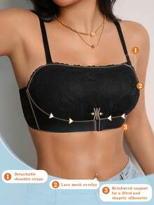 1pc Women's Lace Wireless Bralette, Sexy Thin Padded Front Closure Lift Up Bra - Black - View 4