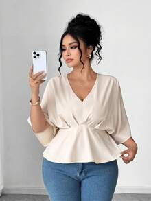 Elenzga Plus Size Women Casual Pleated Design Batwing Short Sleeve Blouse - Apricot - View 4