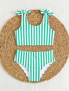 Girls' Green And White Striped Two-Piece Swimsuit With Bow Tie - New Summer Style, Skin-Friendly And Quick-Drying Swimwear. Features Include Bow Embellishments On The Shoulders, A High-Waisted, Fully Hip-Hugging Design, And Stylish Outfits For Children's Beach Vacations, Swimming Pools, And Water Parks. A Must-Have For A Fresh And Energetic Look. Bikini Sets For Kids Bathing Suit For Girls Beach Outfit For Kids Beach Outfit For Kids Girl Bathing Suits For Toddlers Bathing Suits For Kids Swimsuit For Toddlers - Mint Green - View 3