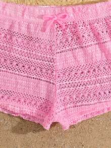 SHEIN 少女泳衣：粉色纯色镂空网纱罩衫，腰间系带蝴蝶结，搭配网纱裤，时尚休闲，优雅迷人，适合游泳、暑假、海滩、泳池、夏令营派对和休闲度假。两件套泳衣，适合青少年、夏季、少女、女士等各种场合。泳衣两件套，夏季女士两件套，夏季女士两件套，青少年泳衣，夏季女士两件套，夏季女士套装，夏季女士泳装，比基尼上衣，女士两件套泳衣，粉色比基尼沙滩短裤。 - 粉色 - 查看 5