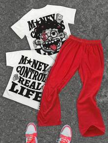 SHEIN 2pcs Tween Boy Classic Cool Graphic Tee And Flare Pants Set, Featuring Stylish Graphic Prints, Suitable For Summer - White - View 3