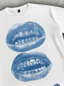 Manfinity ZONE917 休闲街头风蓝色宝石唇形条纹印花宽松牛仔T恤和裤子套装 - 白色 - 查看 2