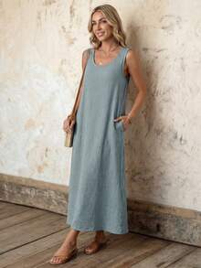 EMERY ROSE Women Loose Texture Round Neck Simple Summer Tank Dress - Dusty Blue - View 5