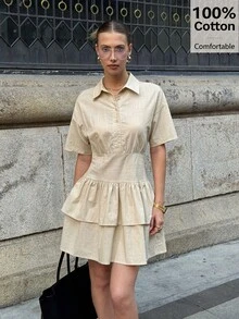 Siren Gaze Women's Daily Wear Double Ruffle Hem Shirt Dress, Women's Summer Casual Dress, 100% Cotton, Cream Yellow, Vacation Outfit, Graduation Dress, Cotton Linen Summer Casual Wear, Tiered Dress, Beige Dress For Women, Drop Waist Dress,Linen Dress, Cotton Dress, Birthday Dress - Apricot - View 4