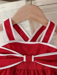 2 piezas Conjunto de top de tirantes con moño y pantalones rectos para niñas, adecuado para salidas diarias, reuniones familiares, vacaciones, sesiones de fotos, fiestas, día de la niña, ropa de primera para niñas, ropa de verano para niñas - Rojo - Ver 3