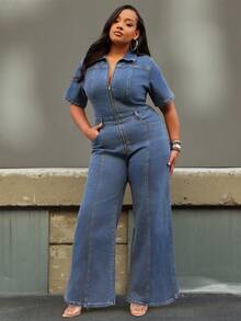 NYA SZN Denim Plus Short Sleeve Jumpsuit,Cotton Dusky Blue Summer Casual Everyday Fitted Contrast Stitch Teacher Concert Festival Business Elegant Luxury - Medium Wash - View 5
