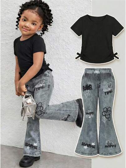 SHEIN 2 piezas Conjunto de niña bebé con camiseta casual plisada de unicolor y pantalones ajustados acampanados