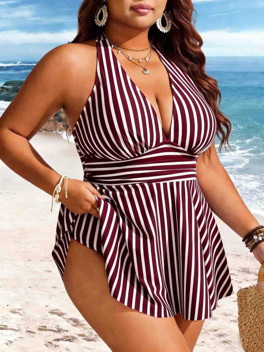 Swim Lushoire 大码女士两件式条纹印花腰部褶皱挂脖式吊带泳衣，成熟简约休闲度假泳装 - 彩色 - 查看 1
