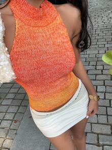 Selianne Women's Sexy Cute Y2K Backless Knit Top, Orange Gradient Slim Fit, Spring Summer Outing Club Beach Date Vacation Country Music Festival - Orange - View 4