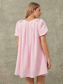 WESTFADE Light Pink Summer Casual Cute Sweet Everyday Bow Shoulder Puff Sleeve Babydoll Mini Dress Festival Vacation Beach Brunch 4th Of July Tennis Country - Pink - View 5