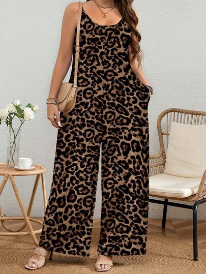 EMERY ROSE Plus Size Women Leopard Print Pocketed Casual Jumpsuit Vacation Outfit Sets Overall 2 Pieces Overalls Outfits