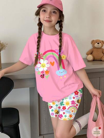 Set de 2 piezas de camiseta de manga corta y pantalones cortos con estampados casuales de flores, rostros, arcoíris, insectos y mariposas para niñas preadolescentes, adecuado para verano, primavera/verano, vacaciones, lunares, Y2K, ropa, conjuntos, estilos primavera y verano cómodos y fáciles
