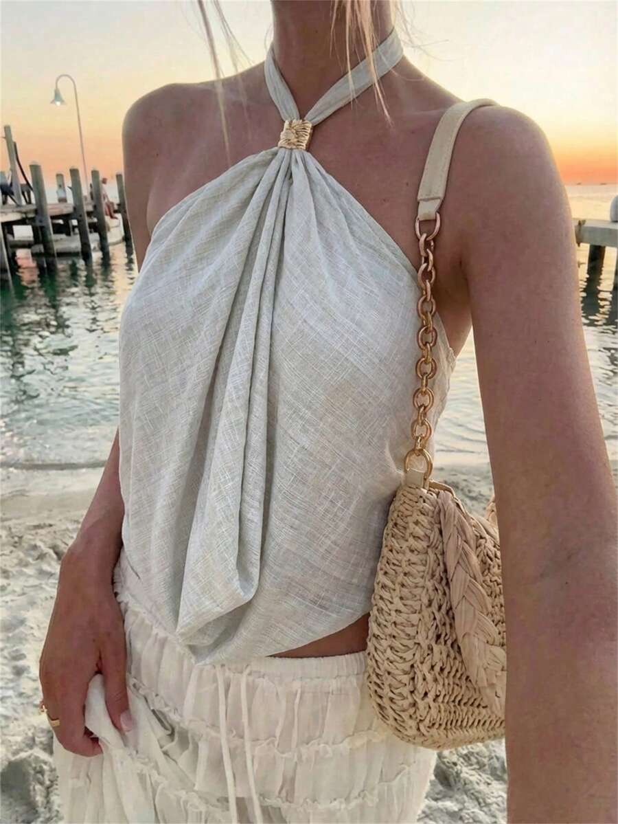 Aloruh Áo hở lưng cổ yếm màu trơn gợi cảm dành cho nữ, thích hợp cho mùa hè và thu, size S, dành cho nữ, mùa thu, áo hở vai màu be với khóa trang trí kim loại, thích hợp cho đêm giao thừa. - Màu be - Xem 1