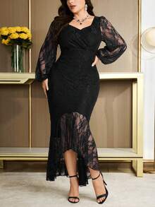 Modelyn Vestido elegante de manga larga con cuello de corazón, ajustado, con volantes en el bajo, de unicolor, talla grande - Negro - Ver 6