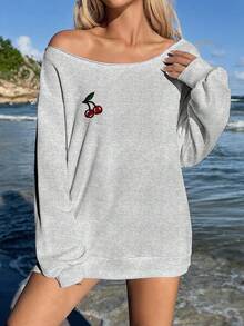 SHEIN EZwear 休闲简约日常百搭樱桃3D刺绣沙滩/度假装，女士夏季服装，浅灰色露肩宽松休闲长袖卫衣 - 淺灰色 - 查看 3