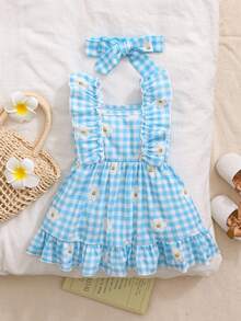 SHEIN Playful Pals 1件新生女嬰可愛白色花卉印花方領荷葉袖夏季無袖休閒太陽裙附髮帶，適合度假、拍照 - 藍色 - 查看 2