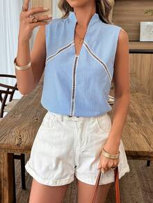 Elouméa Women's Standard Size Striped Fabric Ruffle Trim Collar Fitted Casual Shirt, Spring/Summer - Blue and White - View 1