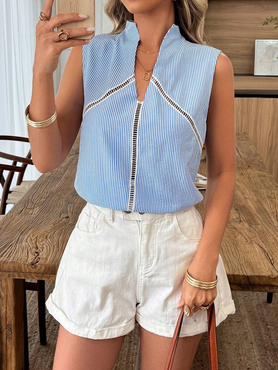 Elouméa Women's Standard Size Striped Fabric Ruffle Trim Collar Fitted Casual Shirt, Spring/Summer - Blue and White - View 1