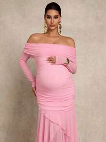 MaterniChic Elegant Solid Color Off-Shoulder Long Sleeve Maternity Dress - Baby Pink - View 3