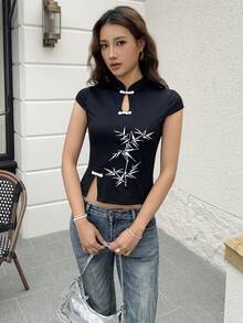 EastFlair 优雅竹绣纽扣上衣，传统中式夏季风格 - 黑色 - 查看 6