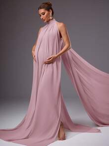 MaterniChic Elegant Solid Color High Slit Flowy Maternity Dress - Dusty Pink - View 6