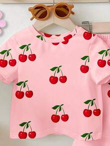 Elladie kids 一套女童可爱樱桃水果印花短袖圆领T恤和喇叭裤套装，适合夏季外出穿着 - 彩色 - 查看 5