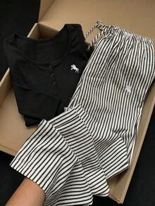 Comfortcana 2025冬季大尺碼女款休閒黑白條紋居家服Curve 2件套，刺繡鈕扣上衣與條紋長褲，感恩節穿搭 - 黑色 - 查看 1