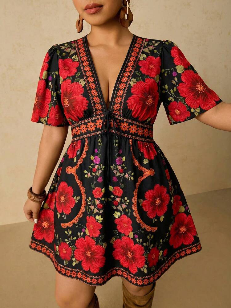 Travachic Vestido casual de mujer de talla grande con estampado floral, manga con volantes y lazo delantero. Vestido floral de mujer, vestido de verano de mujer, vestido floral negro, vestido de manga corta, vestido de cuello en V, vestidos de verano de mujer, vestidos casuales para mujer - Multicolor - Añade 4