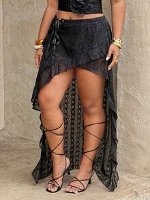 Rustia 低腰迷你裙，西部风情，度假风，夏季女装，沙滩女装，春夏小众设计不规则雪纺提花镂空系带低腰高腰性感深色纯色纹理面料半身裙，不规则下摆透视雪纺镂空拼接针织紧身打底裤，不规则下摆半身裙，垂坠百搭长裙 - 黑色 - 查看 3