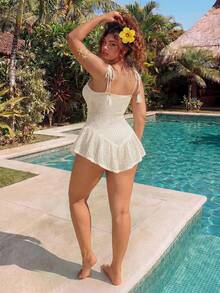 ROMWE Y2K西部复古度假贝壳装饰蕾丝沙滩装薄纱（可作泳衣罩衫）大码女式吊带裙 - 杏色 - 查看 8