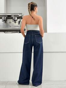 SHEIN Quần jean denim ống rộng cạp thấp, dáng suông, giặt thô - Rửa tối - Xem 2